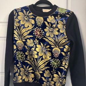 Tory Burch Black and Gold Floral Sweater